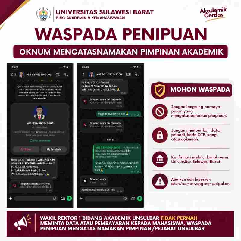PENGUMUMAN PENTING, Waspada Modus Penipuan Mengatasnamakan Pimpinan Akademik Unsulbar